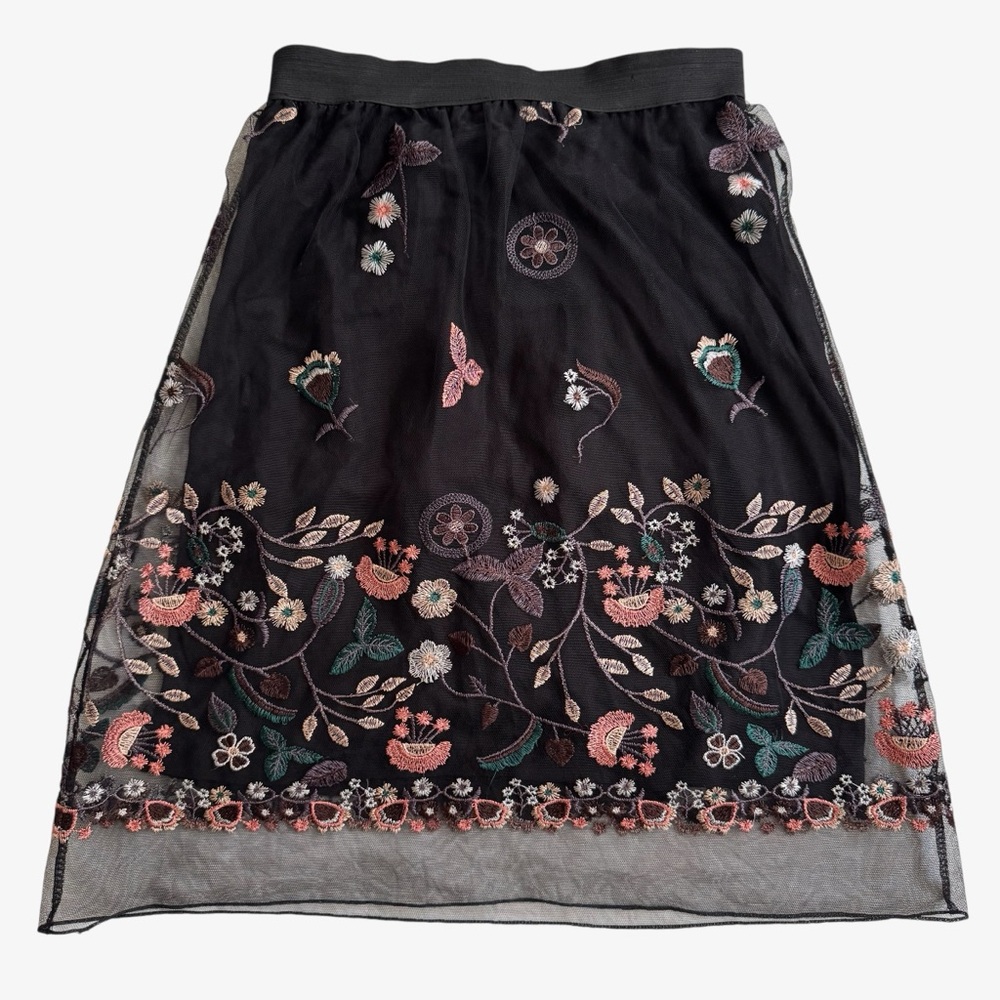 Elena Baldi Women's Black Floral Embroidered Mesh Overlay Skirt Size Small